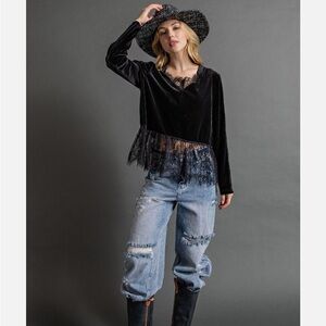 Easel Teal long sleeve Boho Top